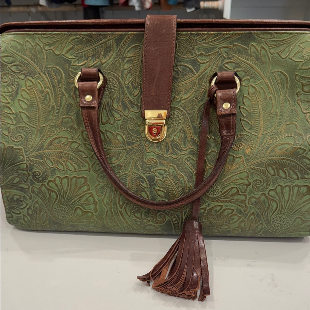 Floral Embossed Green and Brown Satchel